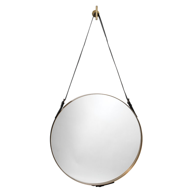 Large Round Antique Brass Mirror with Black Leather Strap