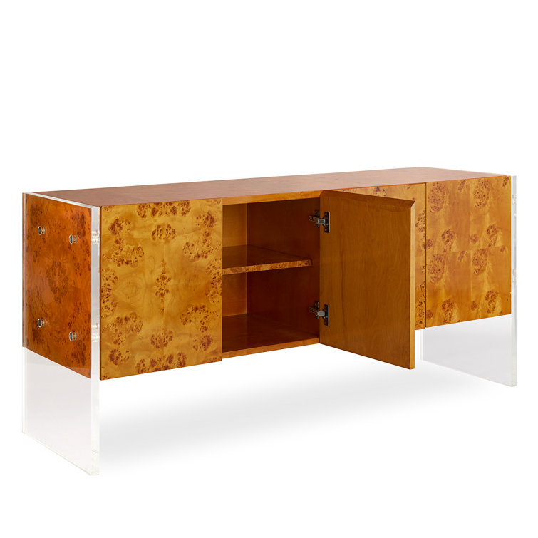 Burled Mappa Wood Credenza with Clear Acrylic Legs and Polished Hardware