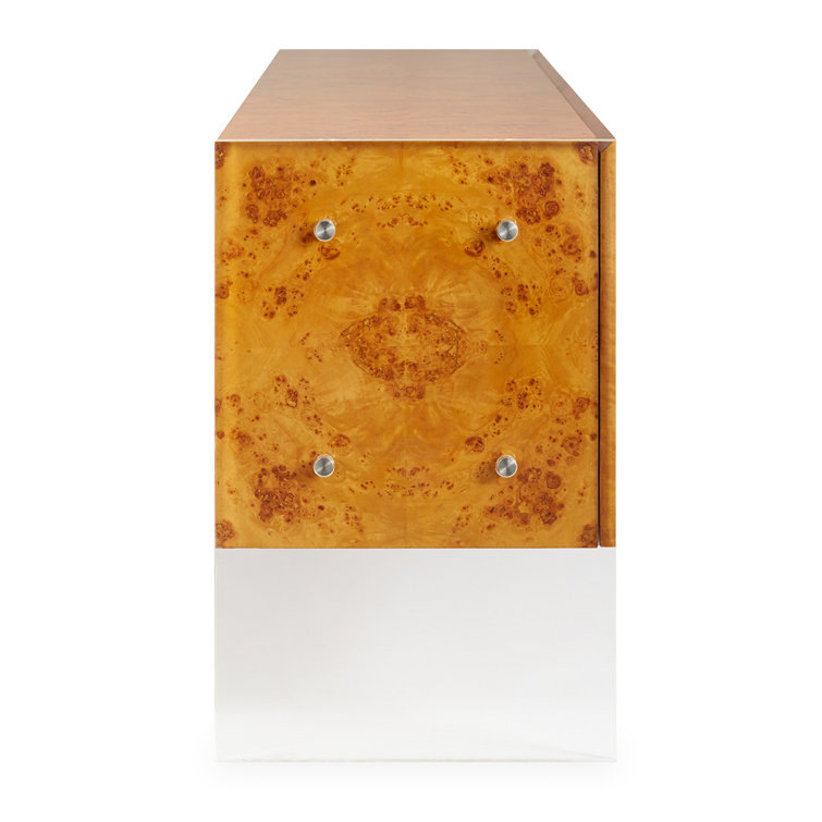 Burled Mappa Wood Credenza with Clear Acrylic Legs and Polished Hardware