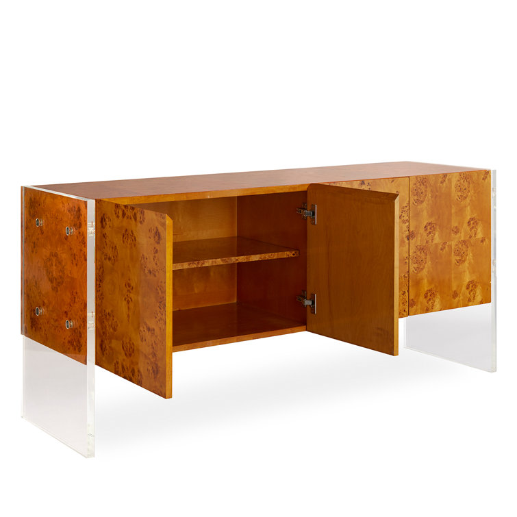 Burled Mappa Wood Credenza with Clear Acrylic Legs and Polished Hardware