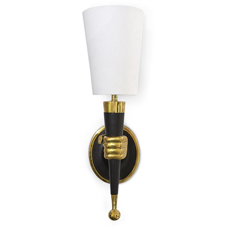Polished Brass and Blackened Brass Hand Sconce with White Shade