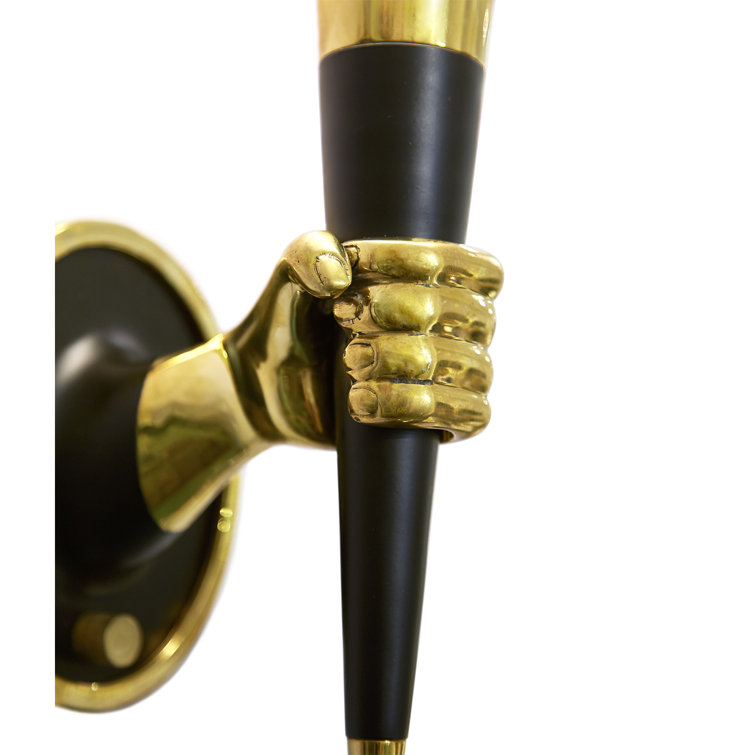 Polished Brass and Blackened Brass Hand Sconce with White Shade