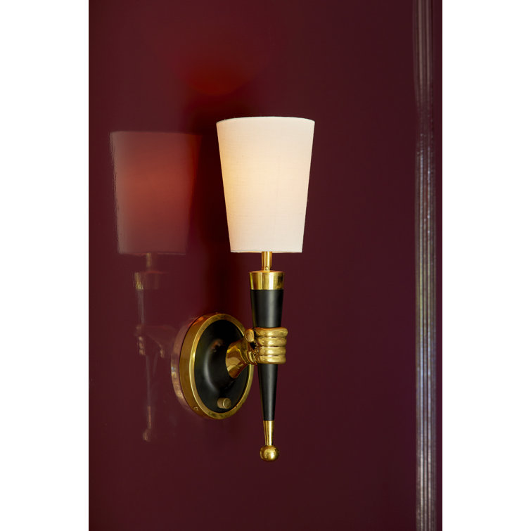 Polished Brass and Blackened Brass Hand Sconce with White Shade