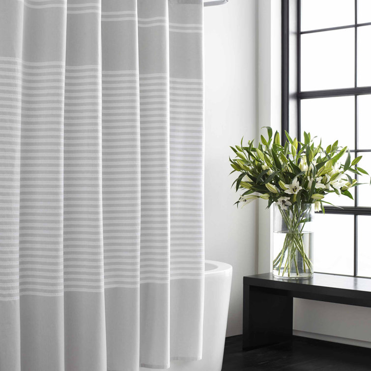 Seersucker White Cotton Striped Shower Curtain with Grommet Top