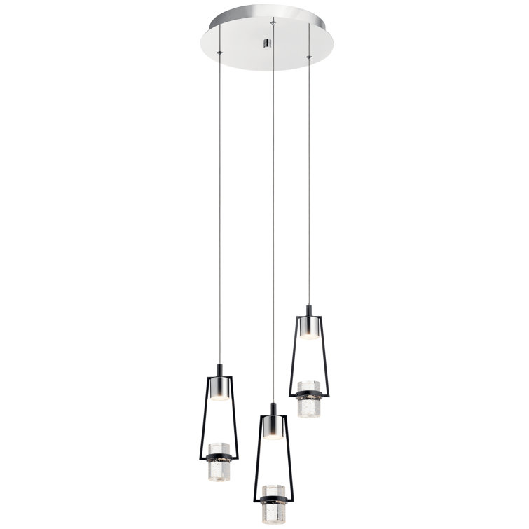 Matte Black and Gold 3-Light LED Pendant with Clear Bubble Crystal