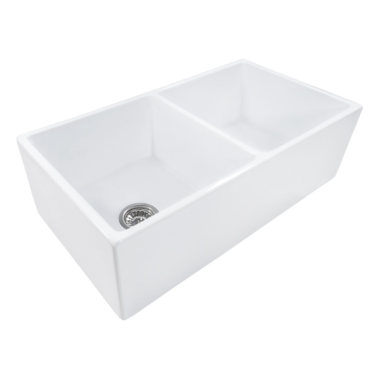 39" White Fireclay Double Bowl Farmhouse Sink