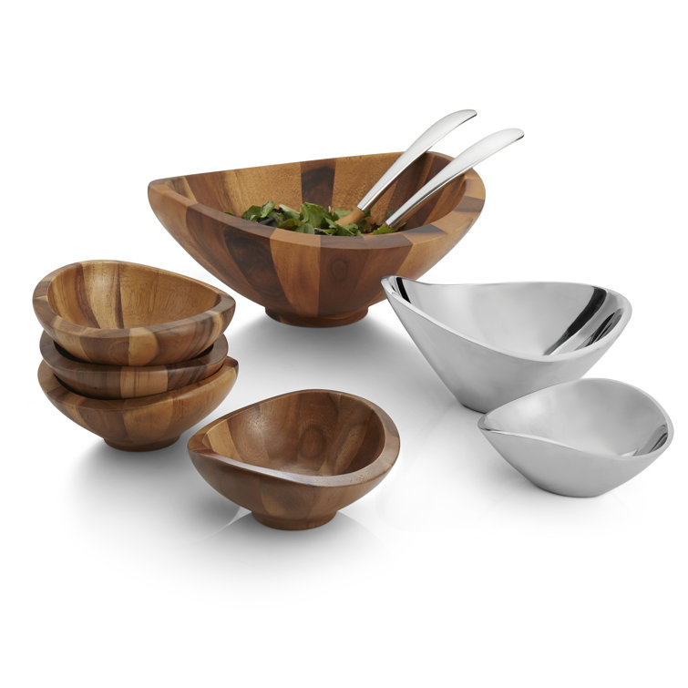 Acacia Wood and Alloy Crescent Salad Bowl with Servers