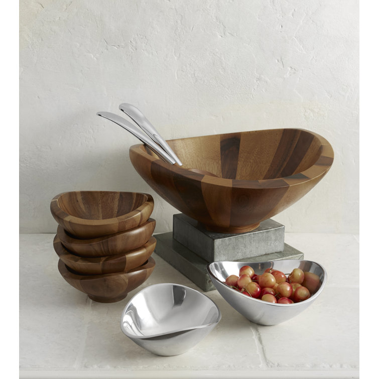 Acacia Wood and Alloy Crescent Salad Bowl with Servers