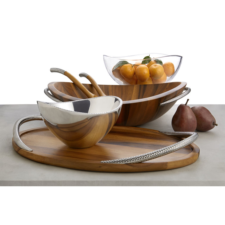 Acacia Wood and Chrome Braid Serving Tray