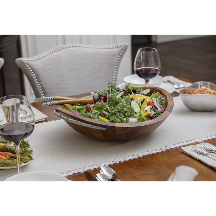 Acacia Wood and Chrome Braid Salad Bowl with Servers
