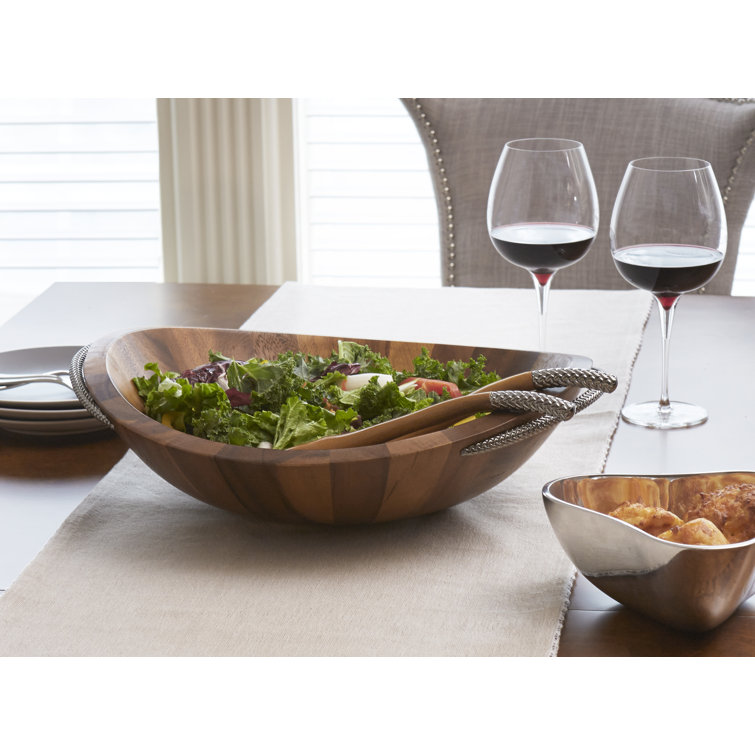 Acacia Wood and Chrome Braid Salad Bowl with Servers