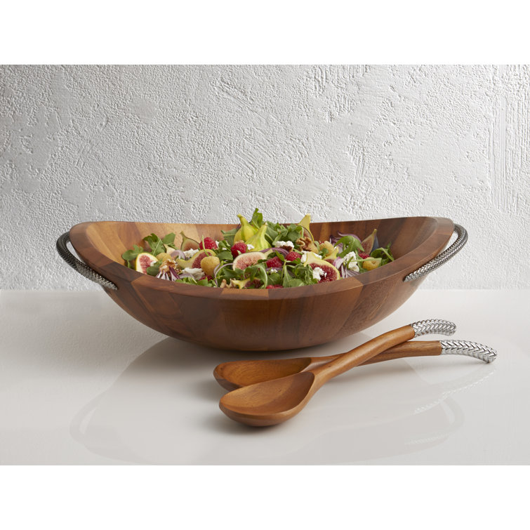 Acacia Wood and Chrome Braid Salad Bowl with Servers