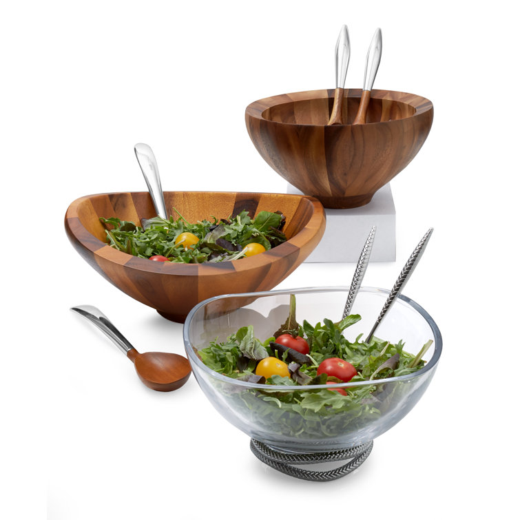 Acacia Wood and Alloy Crescent Salad Bowl with Servers
