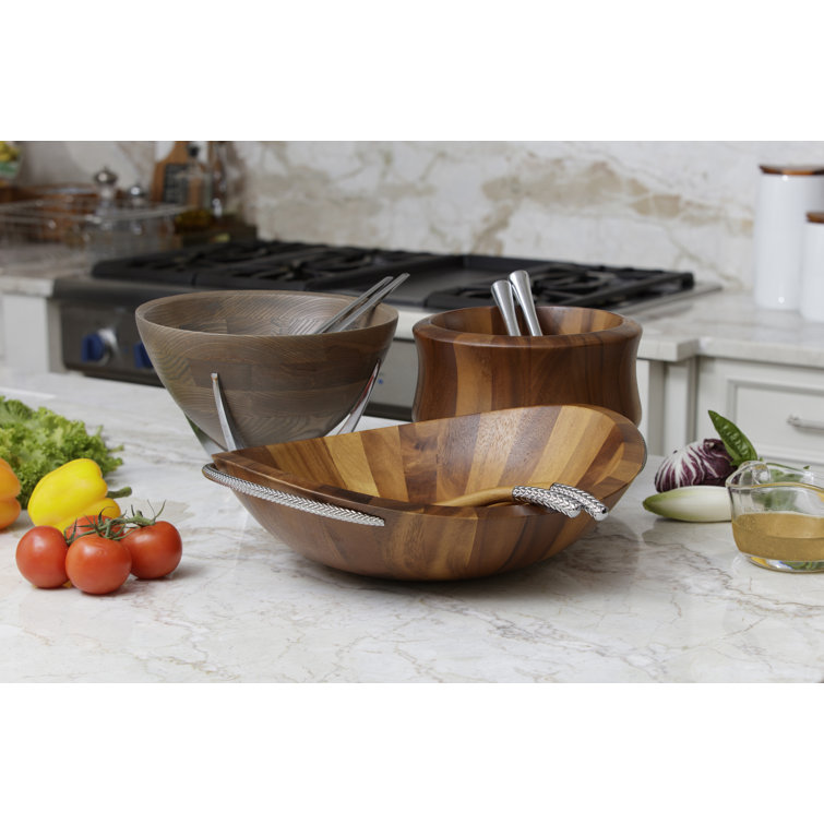 Acacia Wood and Chrome Braid Salad Bowl with Servers