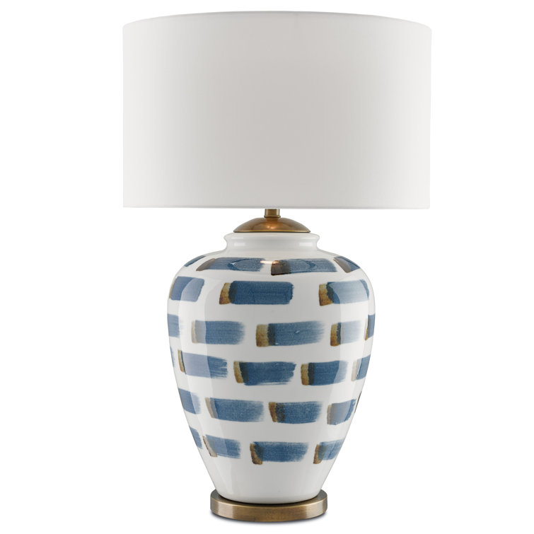 White and Blue Ceramic Brushstroke Table Lamp with Antique Brass Accents
