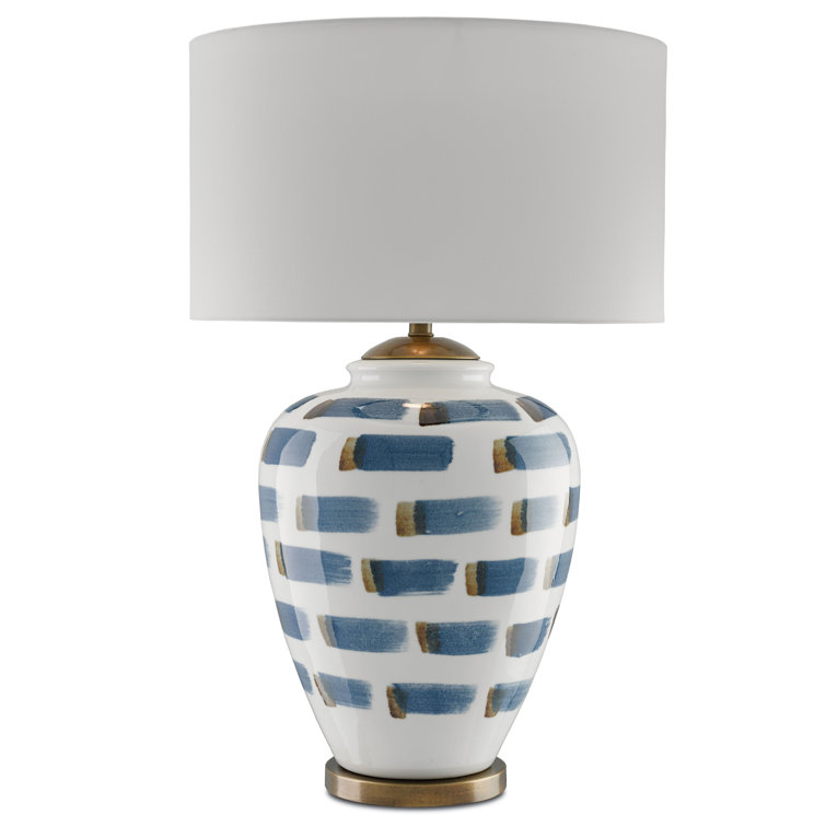 White and Blue Ceramic Brushstroke Table Lamp with Antique Brass Accents