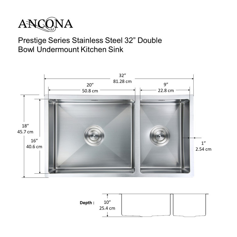 Prestige 32'' Satin Stainless Steel Double Bowl Undermount Kitchen Sink