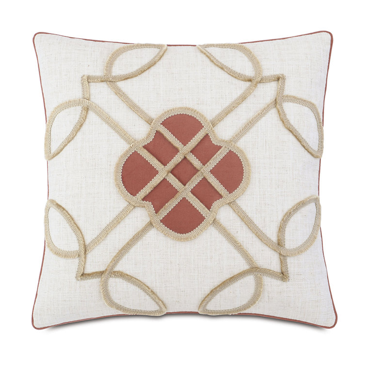 Cream and Blush Embroidered Square Throw Pillow with Appliques