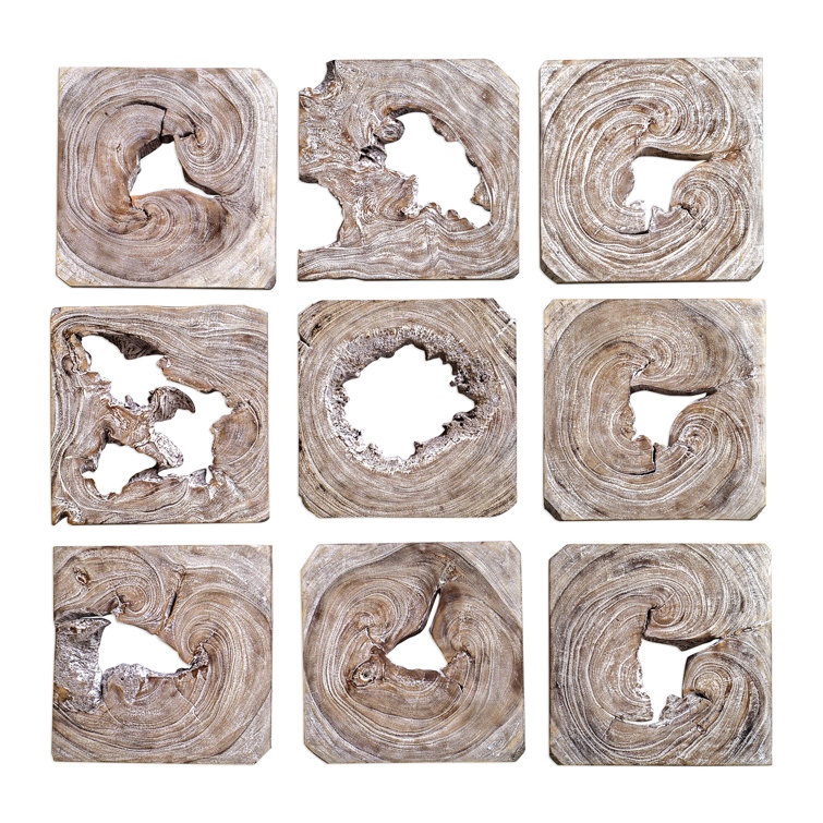 Bahati 16" White Washed Ivory and Coffee Brown Wood Wall Art Set