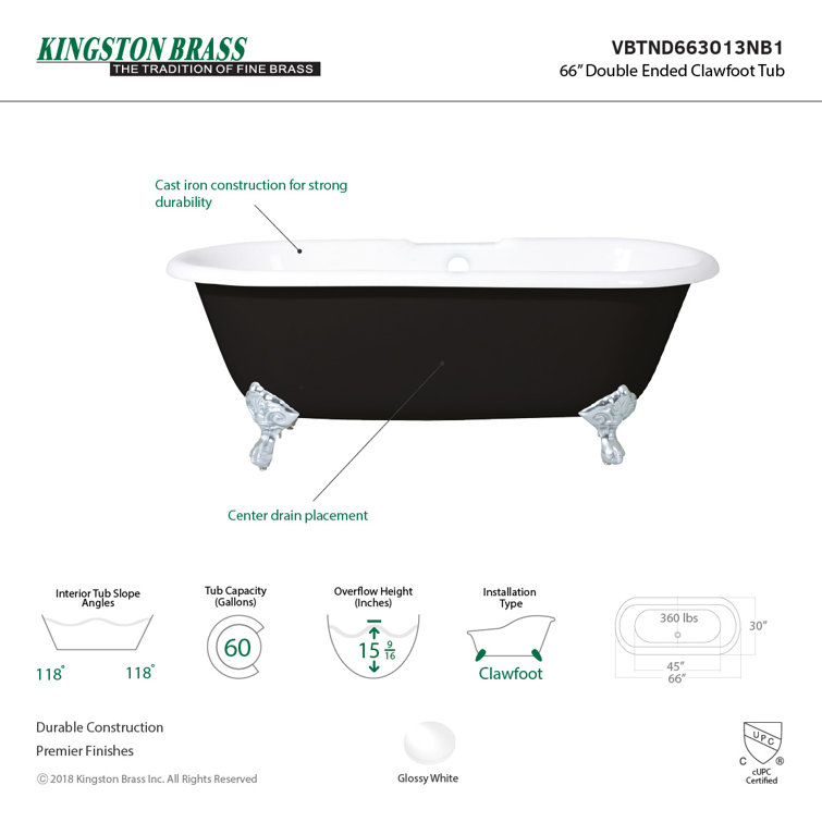 66-Inch Black and White Cast Iron Clawfoot Tub
