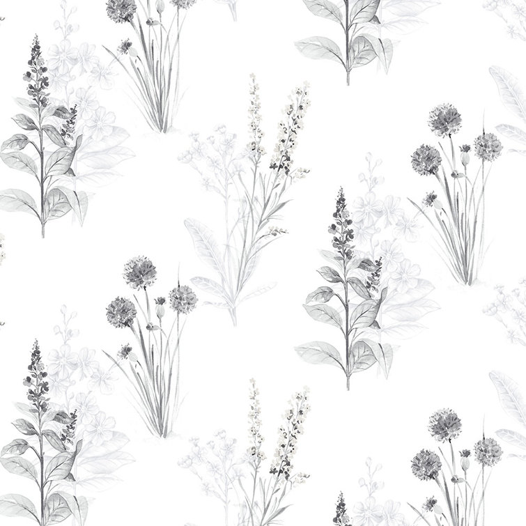 Gray and White Floral Pre-pasted Vinyl Wallpaper Roll