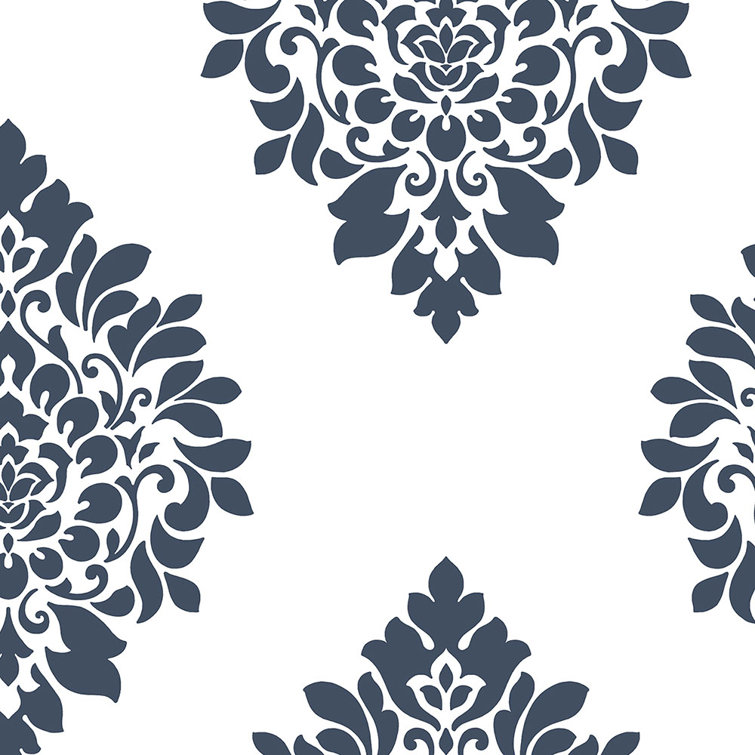 Navy and White Damask Pre-pasted Vinyl Wallpaper