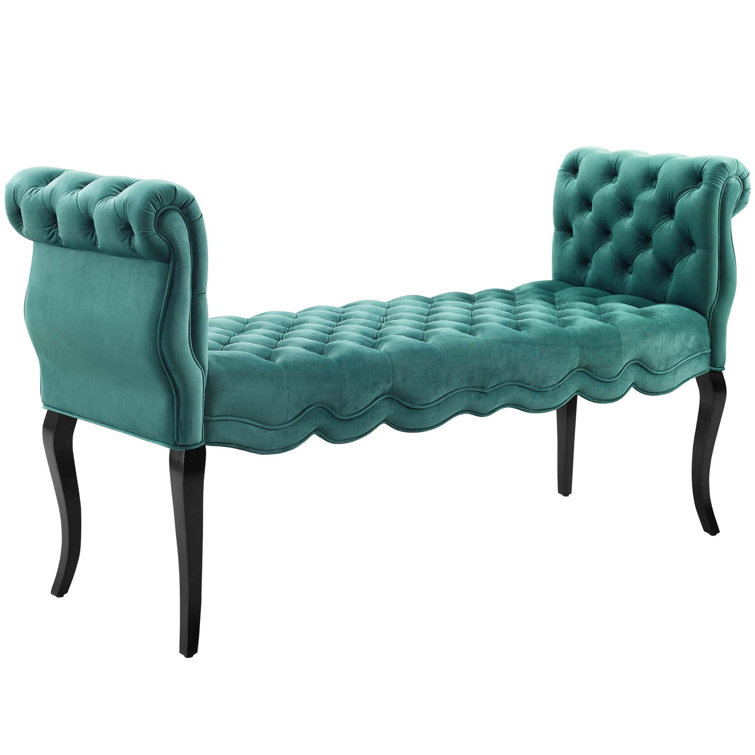 Adelia Teal Velvet Button Tufted Storage Bench with Rolled Armrests