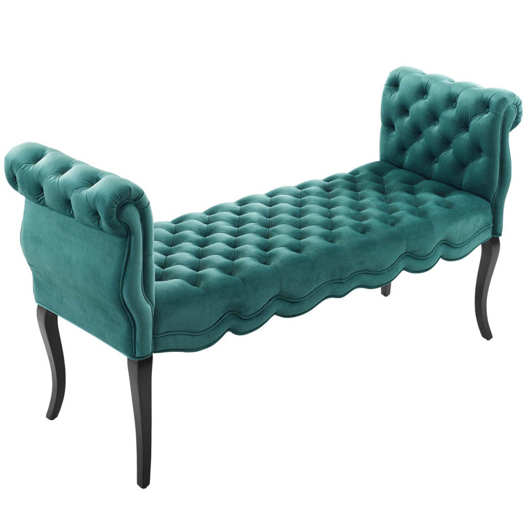 Adelia Teal Velvet Button Tufted Storage Bench with Rolled Armrests