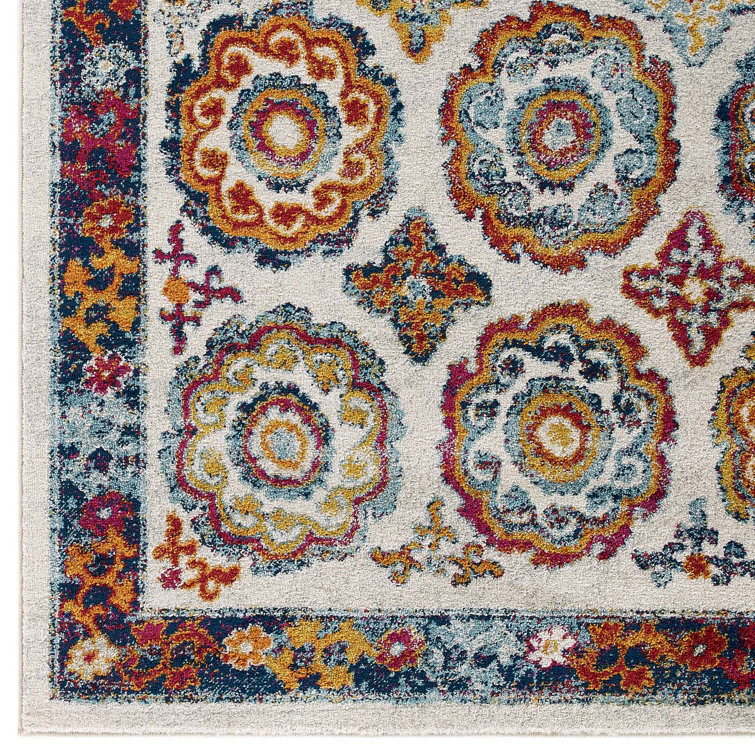 Ivory and Blue Floral Medallion 8' x 10' Area Rug