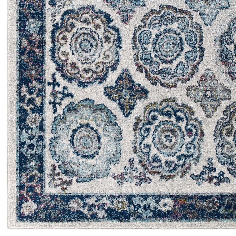 Ivory and Blue Floral Medallion 8' x 10' Area Rug