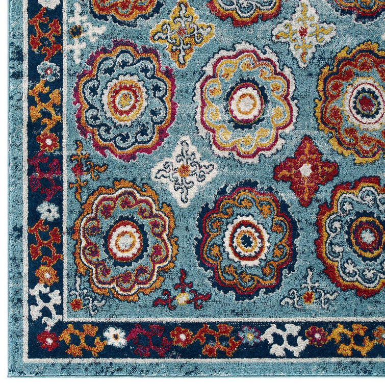 Ivory and Blue Floral Medallion 8' x 10' Area Rug