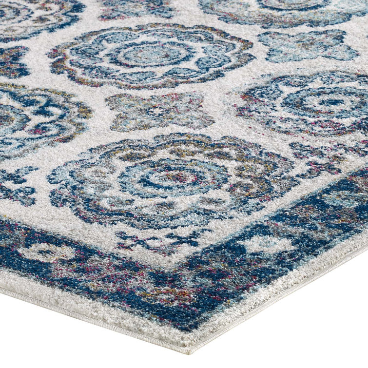 Ivory and Blue Floral Medallion 8' x 10' Area Rug