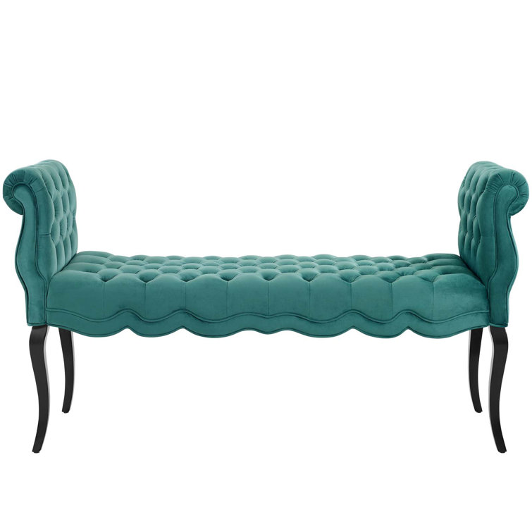 Adelia Teal Velvet Button Tufted Storage Bench with Rolled Armrests