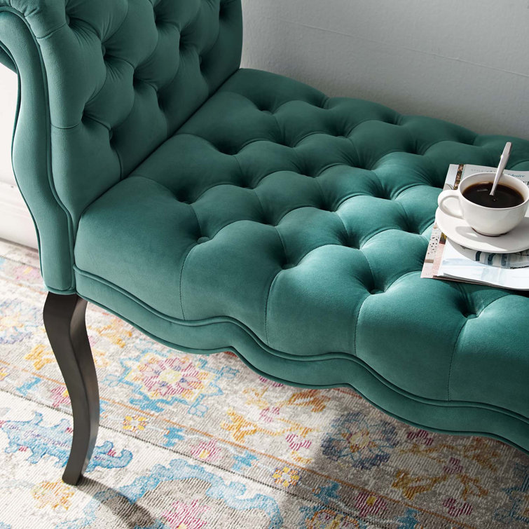 Adelia Teal Velvet Button Tufted Storage Bench with Rolled Armrests