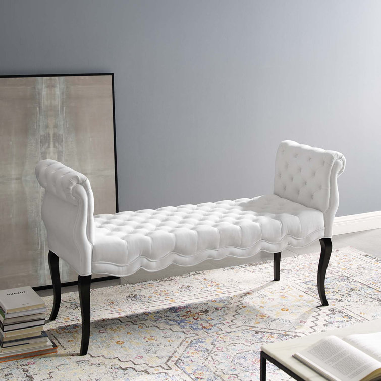Elegant Adelia Performance Velvet Tufted Bench with Wenge Wood Legs - White