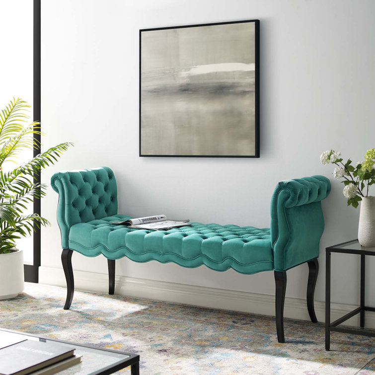 Adelia Teal Velvet Button Tufted Storage Bench with Rolled Armrests