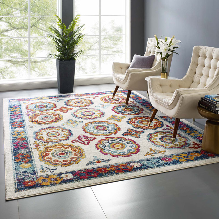 Ivory and Blue Floral Medallion 8' x 10' Area Rug