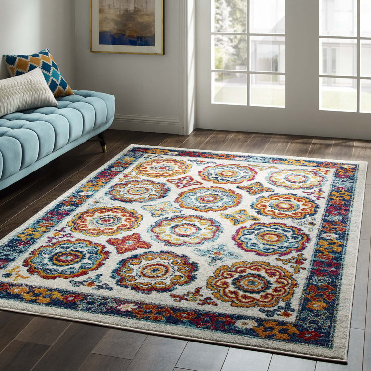 Ivory and Blue Floral Medallion 8' x 10' Area Rug