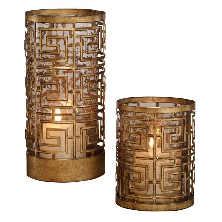 Antiqued Gold Iron and Glass Hurricane Candle Holders, Set of 2