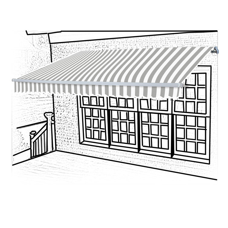 Motorized Gray and White Striped Retractable Patio Awning