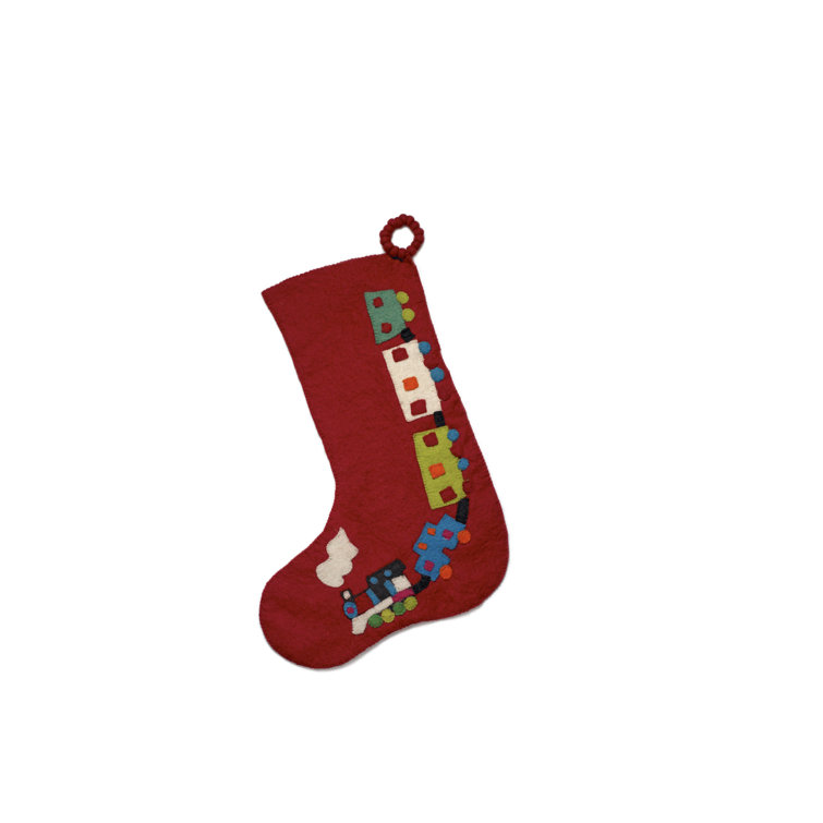 Hand Felted Red Wool Christmas Stocking with Train Design