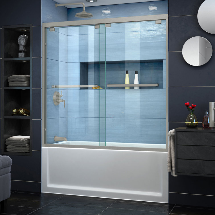 Encore 60" Frameless Clear Glass Sliding Tub Door in Brushed Nickel