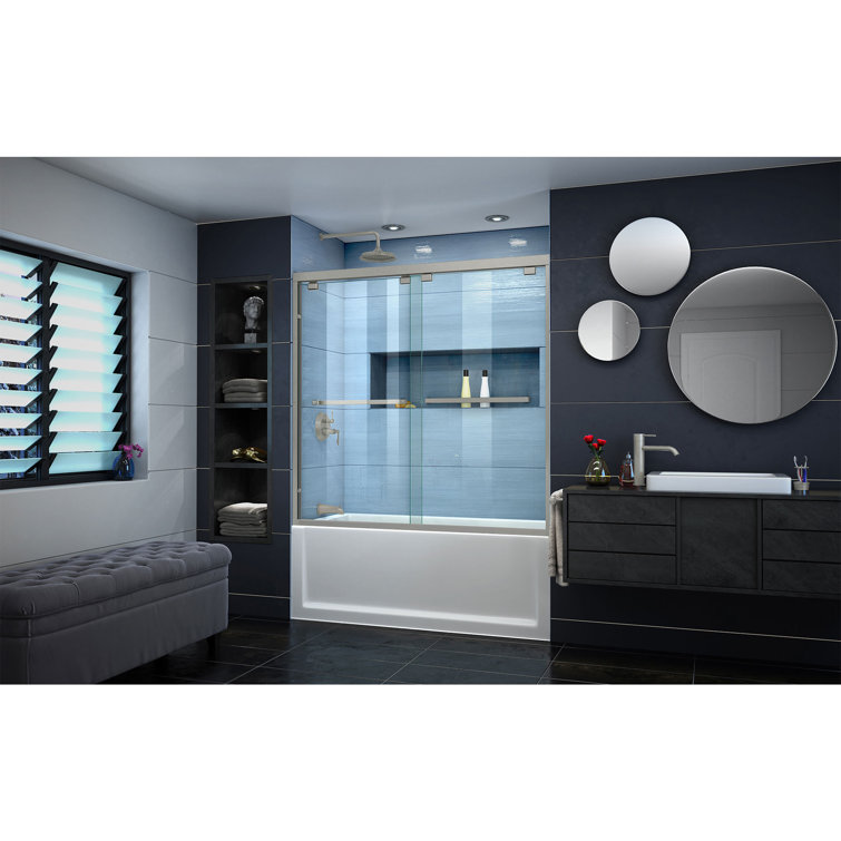 Encore 60" Frameless Clear Glass Sliding Tub Door in Brushed Nickel