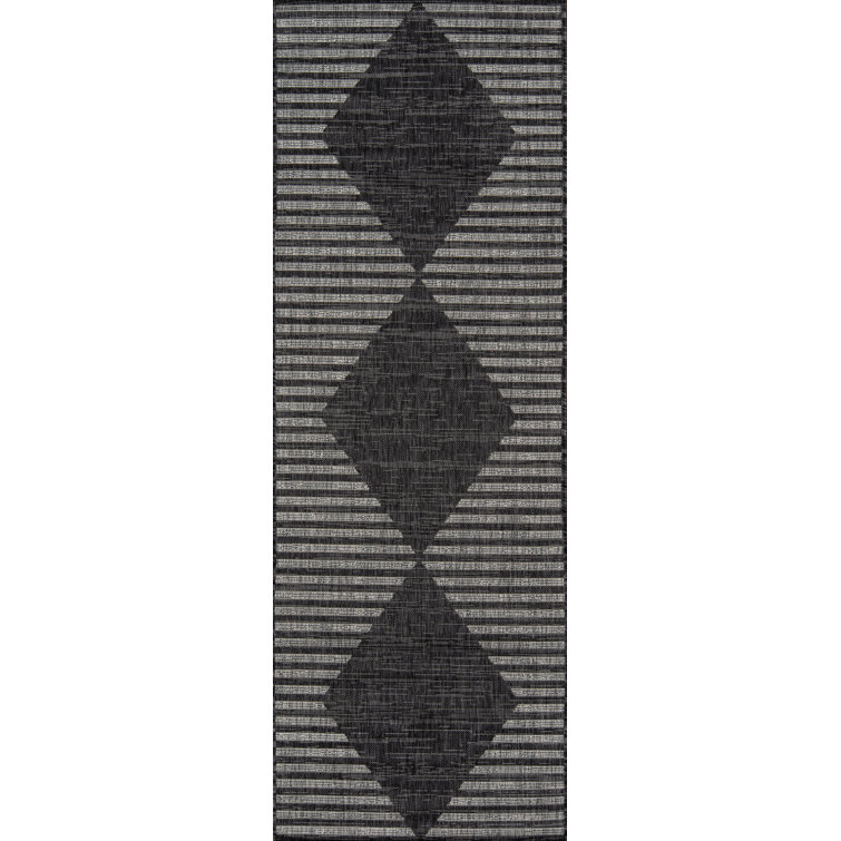 Charcoal Geometric Easy-Care Synthetic Indoor/Outdoor Runner Rug