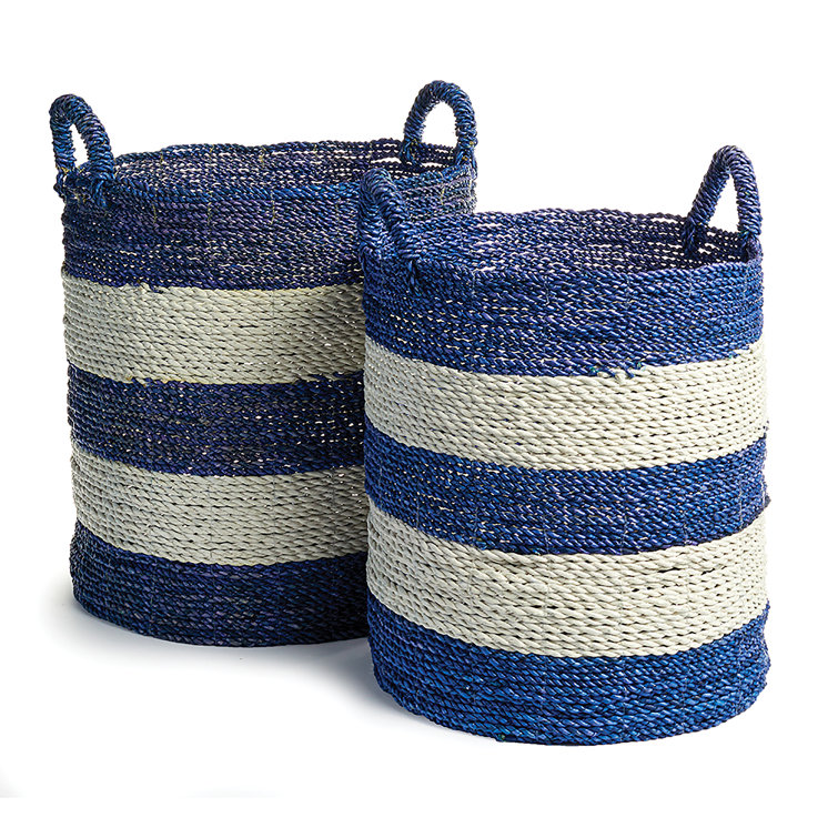 Blue and White Striped Seagrass Storage Baskets, Set of 2