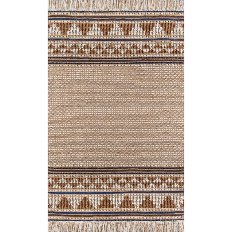 Ivory and Brown Geometric Wool and Cotton Rectangular Rug