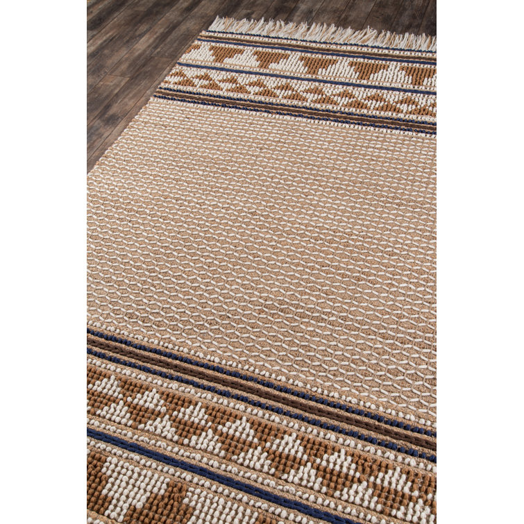 Ivory and Brown Geometric Wool and Cotton Rectangular Rug