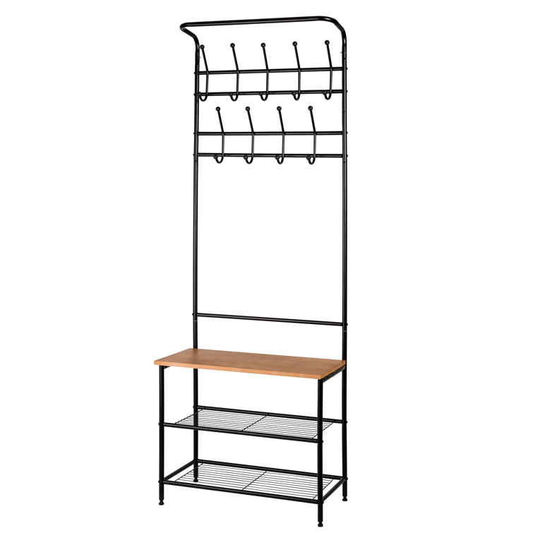 Versatile Black Metal Entryway Storage Valet with Bench and Hooks