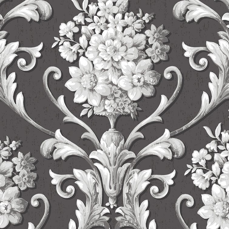 Black and Metallic Silver Damask Floral Vinyl Wallpaper Roll