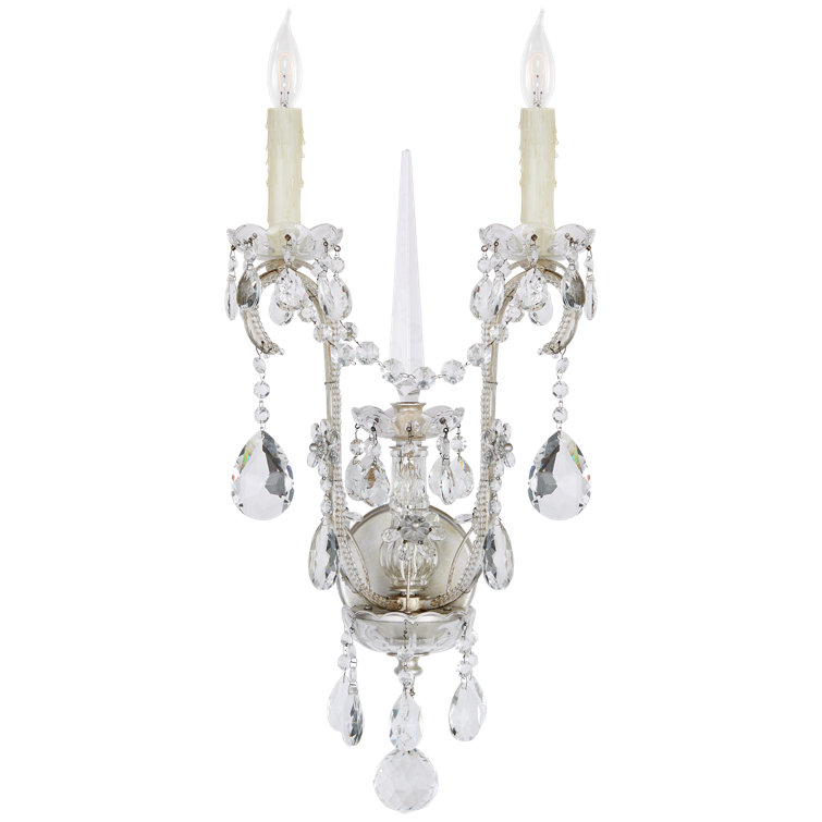 Antique Silver Crystal Beaded 2-Light Candle Sconce